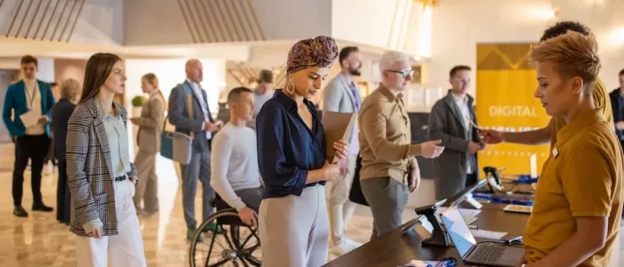 A group of business conference participants registering for a conference in the lobby of a luxury hotel